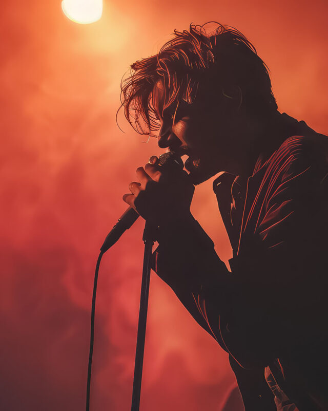 A man stands in front of a microphone with a bright blue light behind him A man stands in front of a microphone with a bright blue light behind him.